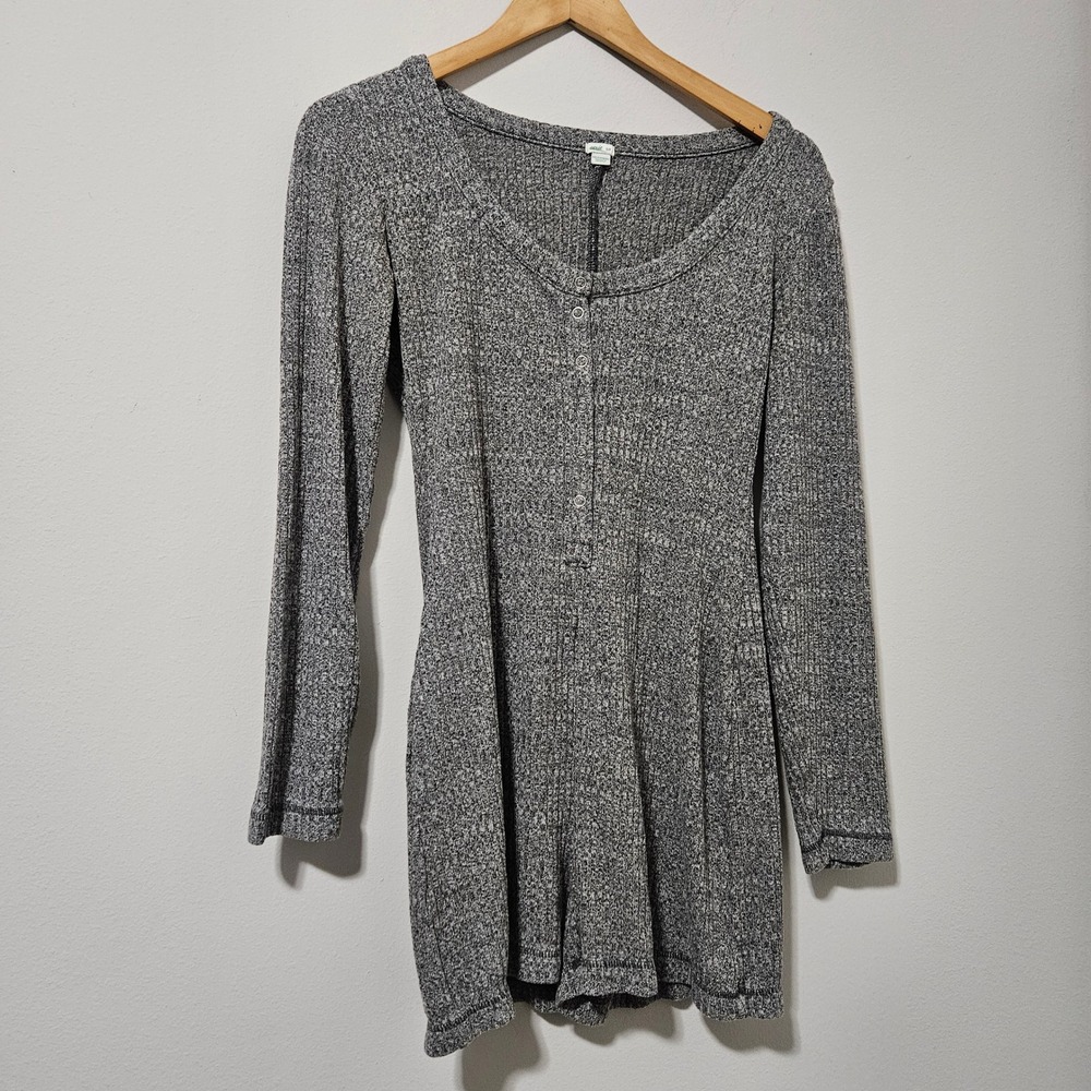 Aerie Grey Ribbed Henley Romper Long Sleeve Scoop Neck Loungewear Small
